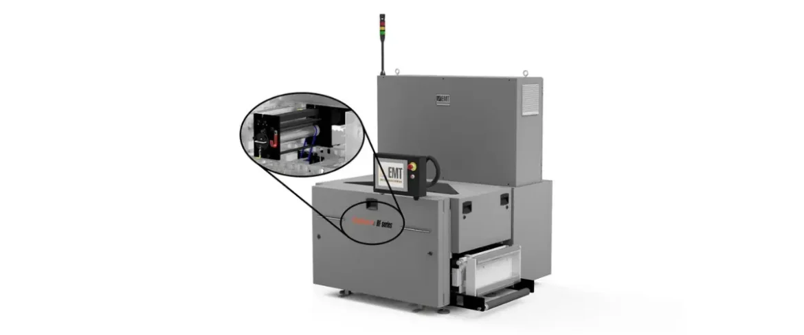 EMT International's advanced creasing module for heavy stock and coated media, shown integrated into a digital print finishing system.